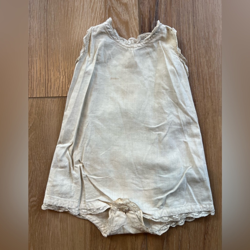 Antique Infant Romper Hand-Sewn Cotton & Lace Baby Playsuit Heirloom Photo Prop